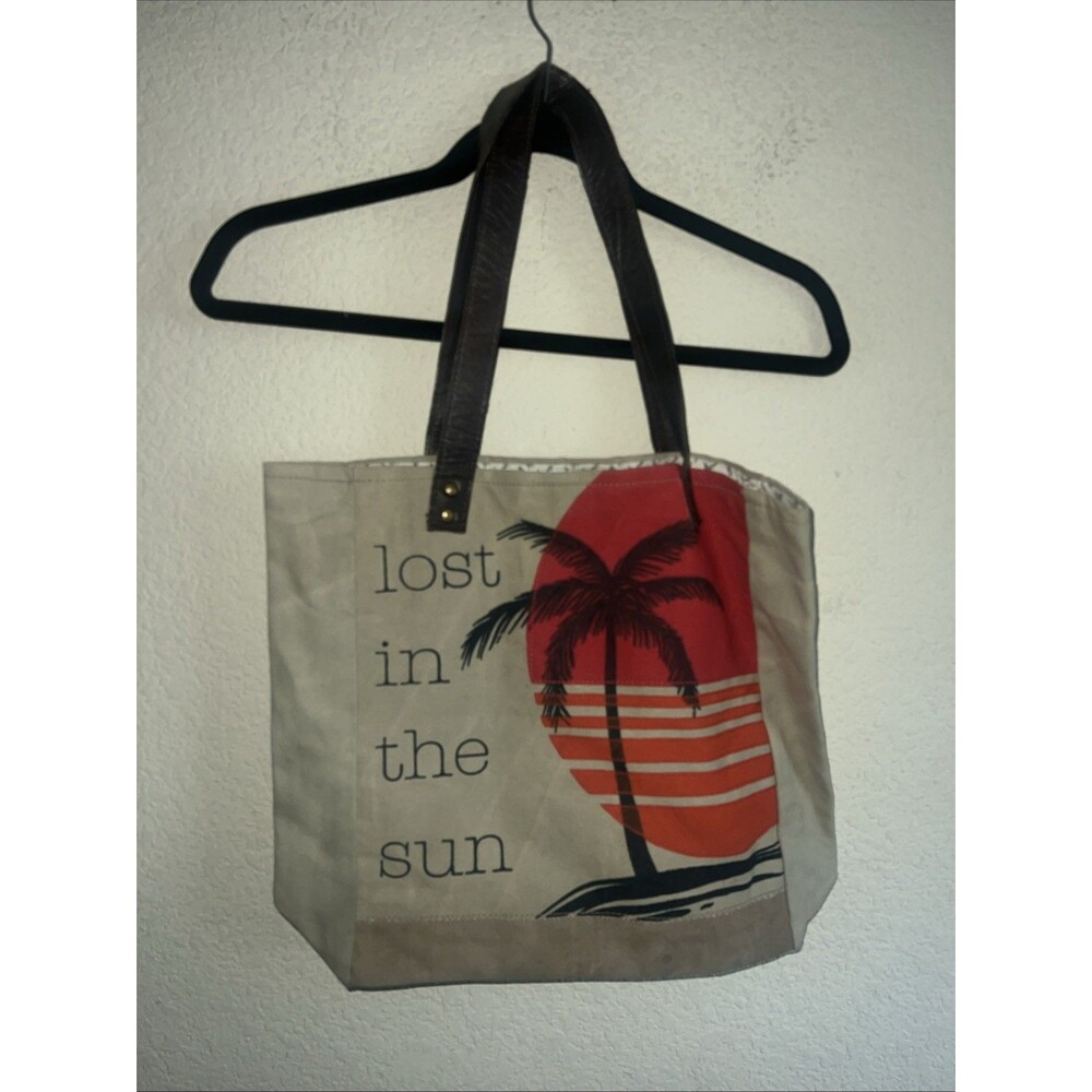 canvas beach Shoulder Bag Tropical Leather Straps 16x13 Fun In Sun Mona B Distre